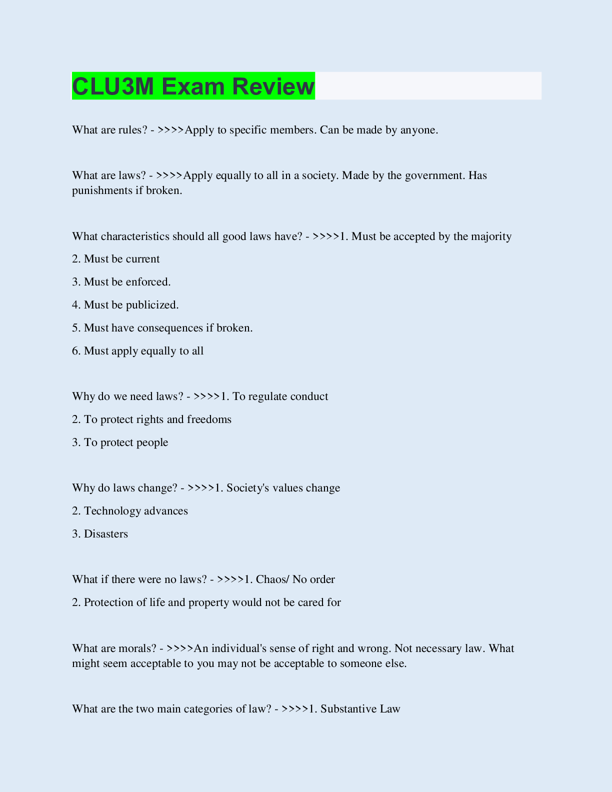 Preview image for CLU3M Exam Review | 318 Questions with 100% Correct Answers | Updated & Verified | 39 Pages